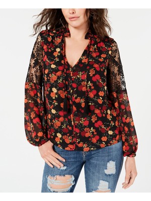 

GUESS Женский черный прозрачный кружевной топ с длинным рукавом и V-образным вырезом