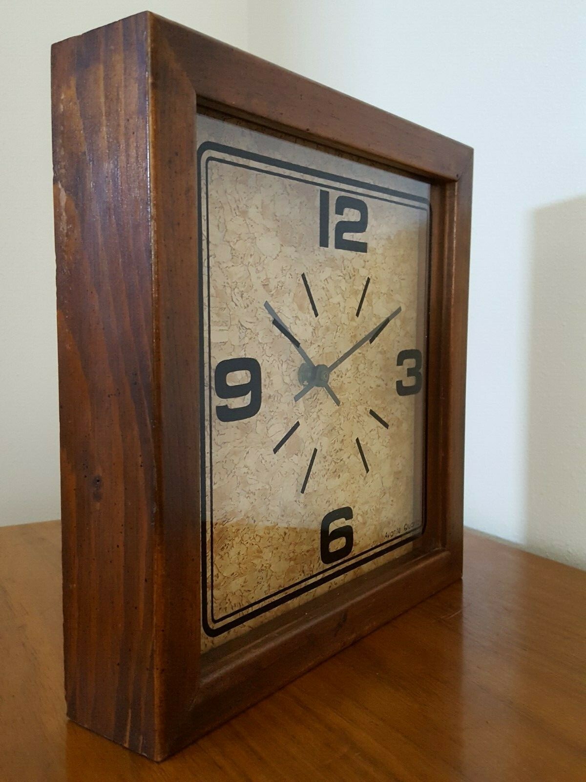 Vintage Mid Century Avante Wall Clock, Wood, Cork & Glass, Quartz Japan