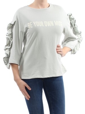 

POLLY - ESTHER Женский зеленый свитер с рюшами и рукавами 3/4 с круглым вырезом