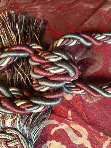 2 Scalamandre Duchessa Silk/Jade Double Tassel Tie Backs Brick Sage Cream