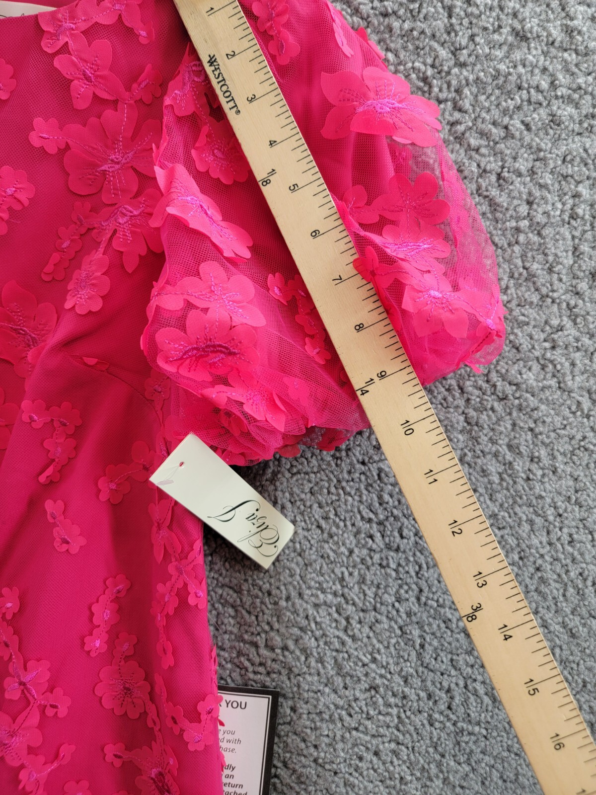 Eliza J Petite Puffed-Sleeve 3D-Floral Shift Dress Women's 4P Hot Pink Back Zip - Picture 5 of 17
