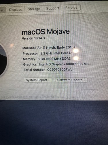 Apple macbook air 11.6 laptop Early 2015, 8Gb RAM, I7, 2.2GHz, SSD 256Gb.