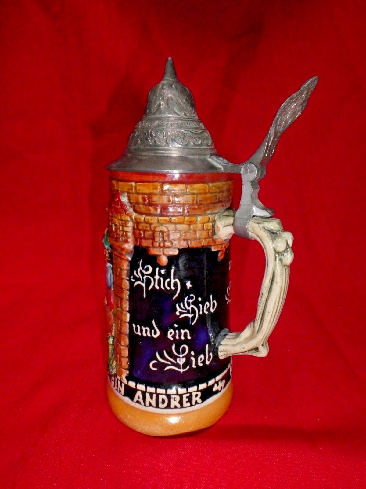 Lidded German Beer Stein DBGM Pewter Lid, Colorful Figures in Relief – 7.5 in.hi