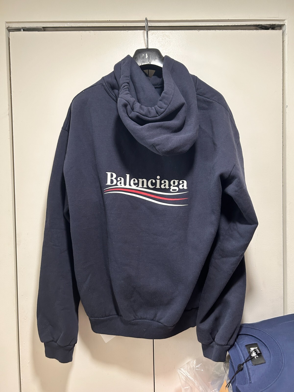 Balenciaga 2018 Campaign Logo Navy Hoodie Pullover size XL | eBay