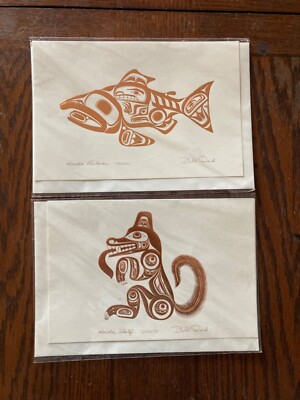 2 Bill Reid Copper Embossed Art Cards Haida Salmon Skaagi & Haida Wolf Ghuuts