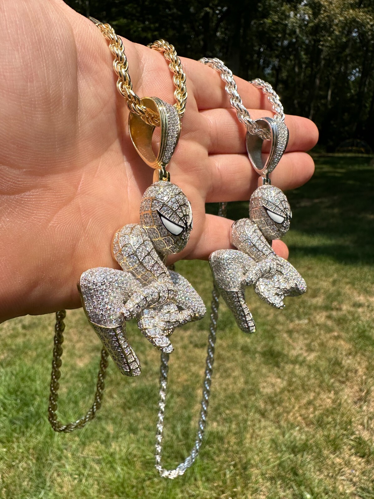 Pre-owned Harlembling Moissanite Real 925 Silver/14k Gold Plated Large Iced Spiderman Pendant Necklace In White