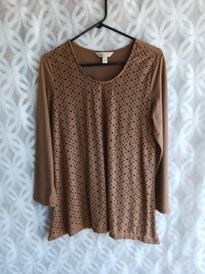 Krazy Kat Medium Nwot Blouse Top Long Sleeves Brown Suede