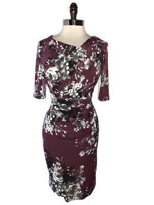 NEW CONNECTED Size 8 Sheath Dress Burgundy White Grey Floral Elbow Sleeves