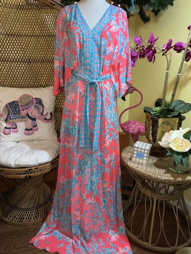 Pre-owned Lilly Pulitzer Carmynn Maxi Caftan Coral Spritz Shelly Bay Size Xs,s,m ? In Multicolor