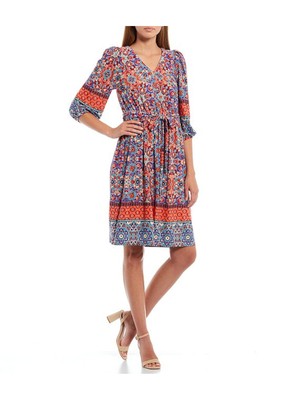

CALVIN KLEIN Womens Orange Tie Shoulders Pads 3/4 Sleeve Fit + Flare Dress, Оранжевый