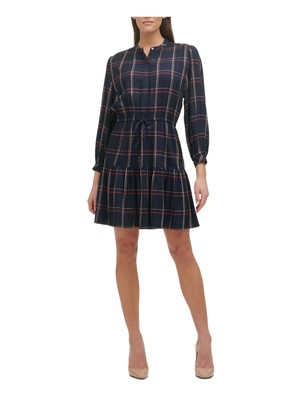 

TOMMY HILFIGER Женское короткое коктейльное платье темно-синего цвета в клетку с манжетами и круглым вырезом, Navy