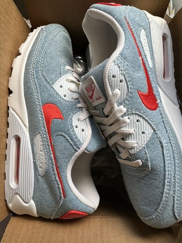 Nike Air Max 90 SE Denim Shoes DV2120 900 Blue Denim White Habanero Red Sz 10.5