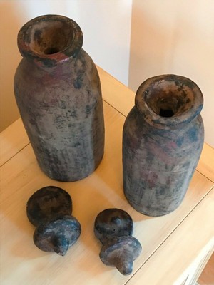 2 Rustic Mediterranean Clay Vessel/Bottles with Stopper Tops