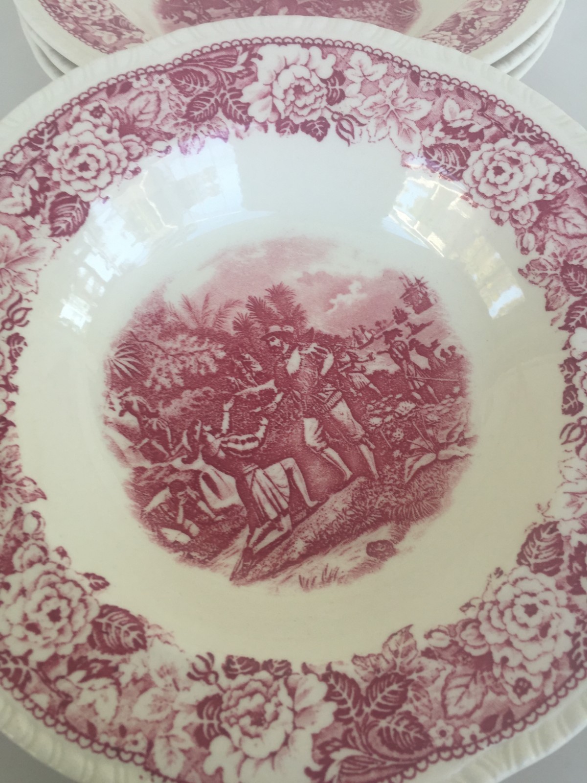 Homer Laughlin Historical America  Red Transferware 4 Rimmed Bowls Ponce de Leon