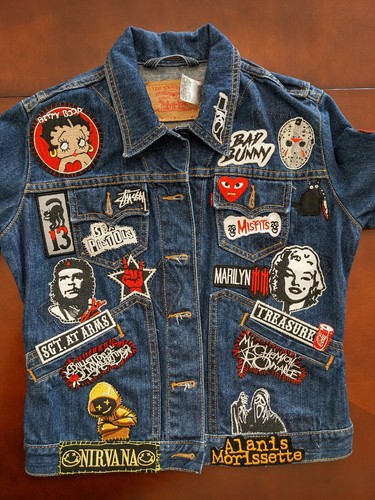 Upcycled Levi's Denim Jacket Girls Jr Medium 50+ Hand Sewn