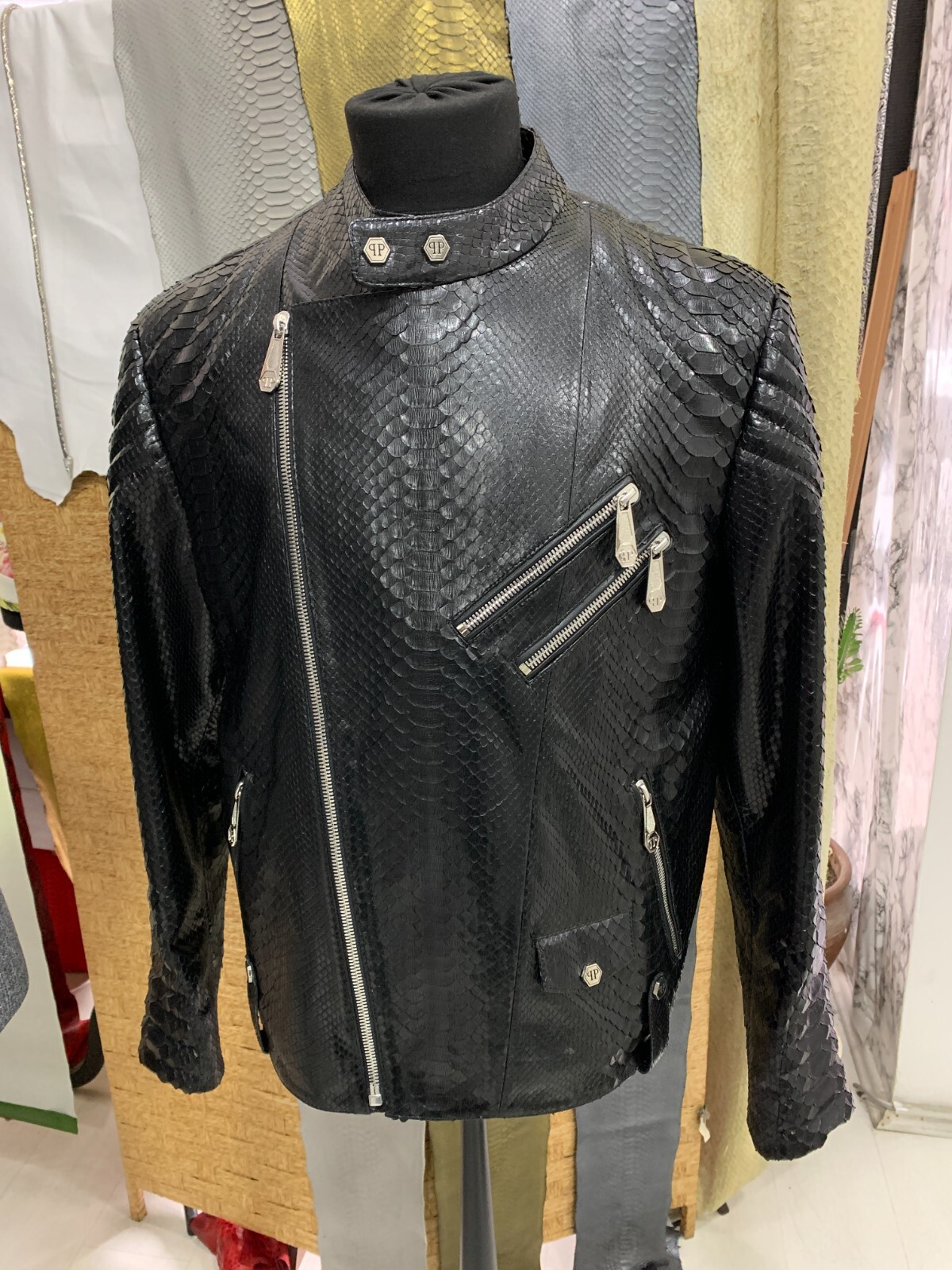 Pre-owned Philipp Plein Real Python Leather Men Black Exotic Skin Motorcycle Biker Jacket