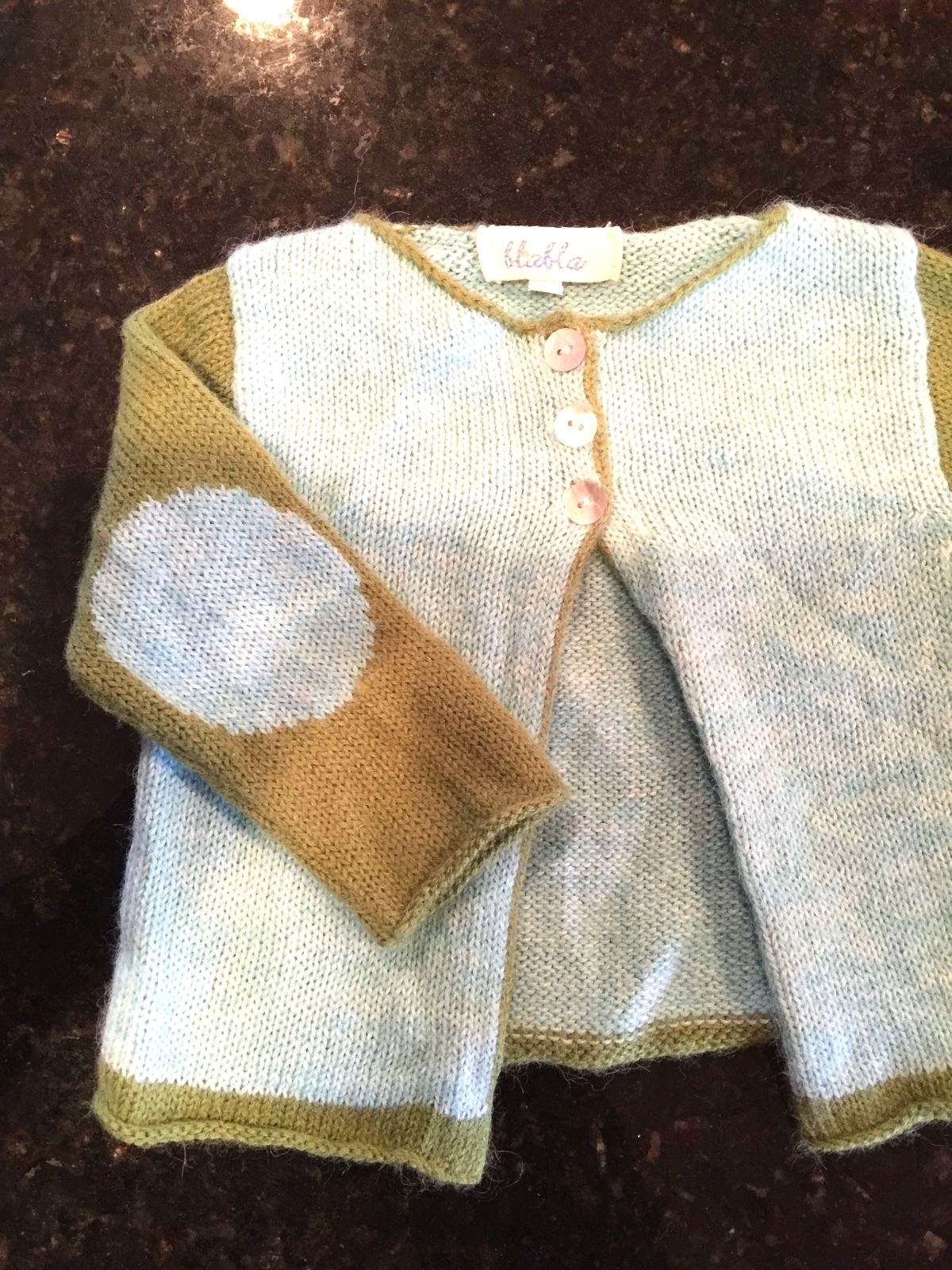Girl size 6  months Blabla wool KNIT cardigan sweater green and blue