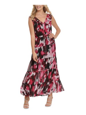 

DKNY Женское розовое платье макси с коротким рукавом и V-образным вырезом + расклешенное платье, Розовый