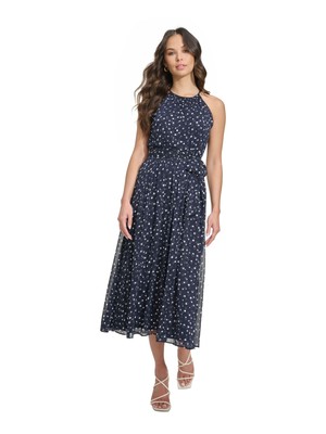 DKNY Womens Navy Lined Belted Sleeveless Below The Knee Fit + Flare Dress 2