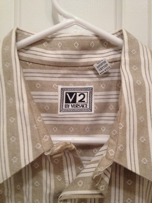 Versace Classic V2 Tan and White Diamond Striped Button Down Shirt 17L