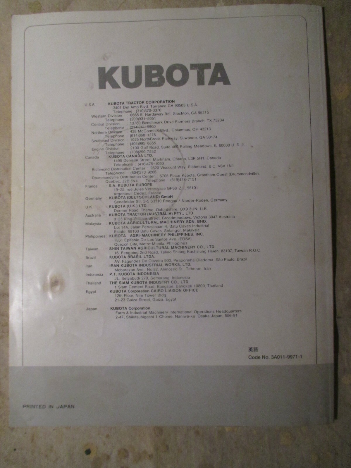 Kubota M4700 M5400 Operators Manual 3A011-99711