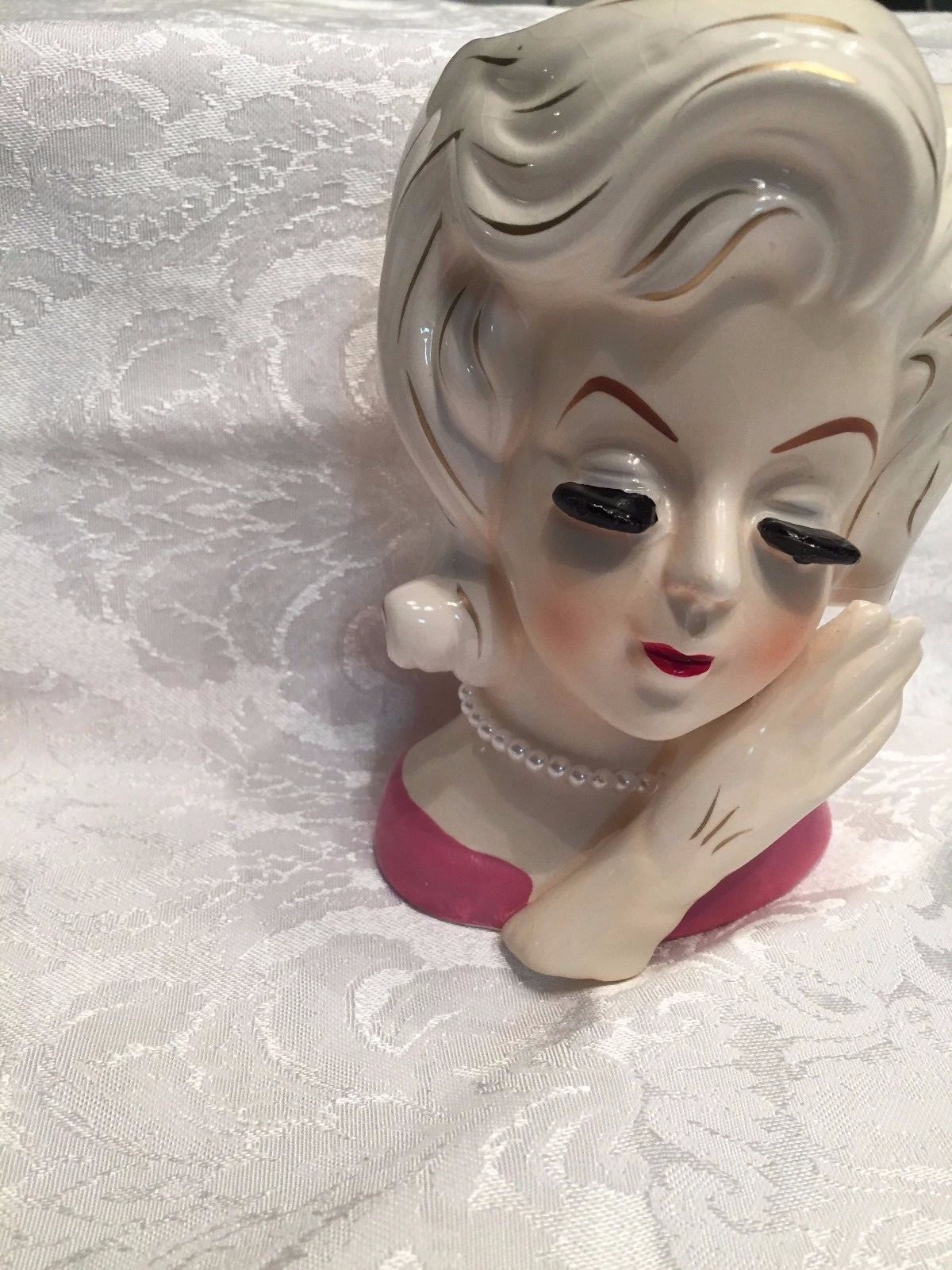 Head vase Lady with a pink dress on white hair with gold streaks  pearls