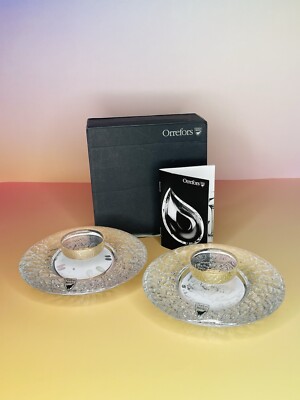 2 Orrefors Sweden Discus Clear Crystal Votive Tea Light Candle Holders Set NIB