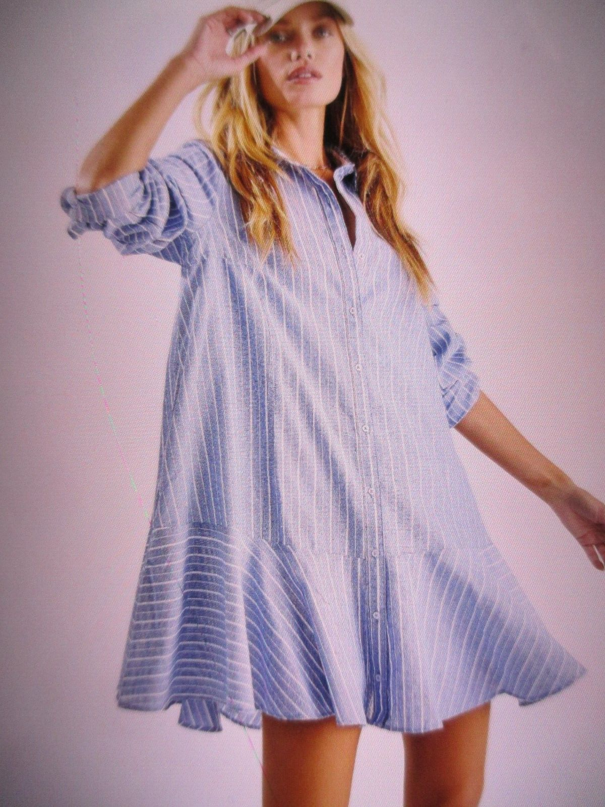 【YOUHEE】YOUHEE STRIPE BALLON SHIRTS DRESS Free People All For You Striped Shirt Dress Size M Blue
