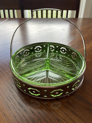Vtg 3 Compartment Glass Serving Dish With Handled Stand 6.25  GLOWS READ