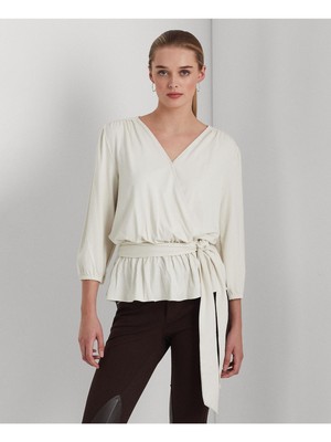 

LAUREN RALPH LAUREN Женский бежевый топ с баской и вырезом с рукавом 3/4