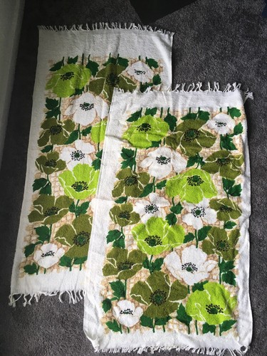 Vintage Pair Cannon Green Brown Floral Retro Flower Mod Terry HAND TOWELS x2