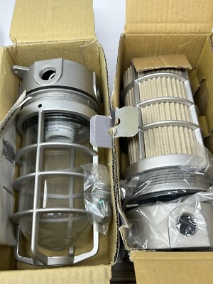Set Of 2 RAB Lighting VX100DG Vaporproof Ceiling Box Mount Glass Globe & Guard