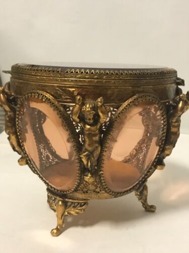 Vintage Gold Ormolu Amber Beveled Glass Footed Big 6 Sided Jewelry Casket Nudes
