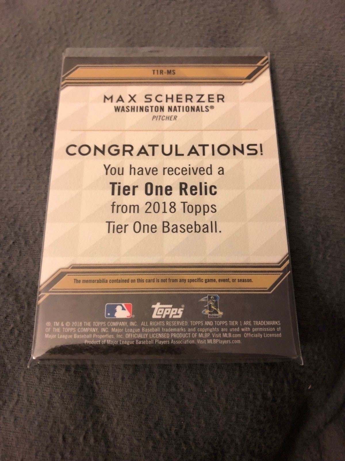 2018 Topps Tier 1 Max Scherzer Game Used Jersey Washington Nationals 287/400