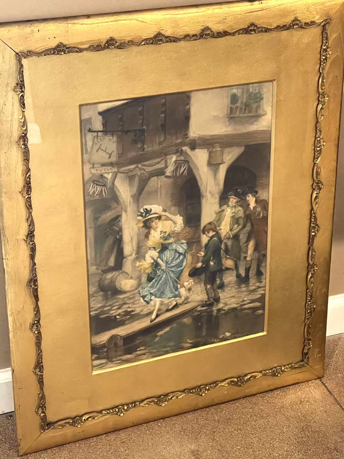 PIERRE OUTIN  Little Beggar  lithographs coloured Print Art Picture Gold Frame