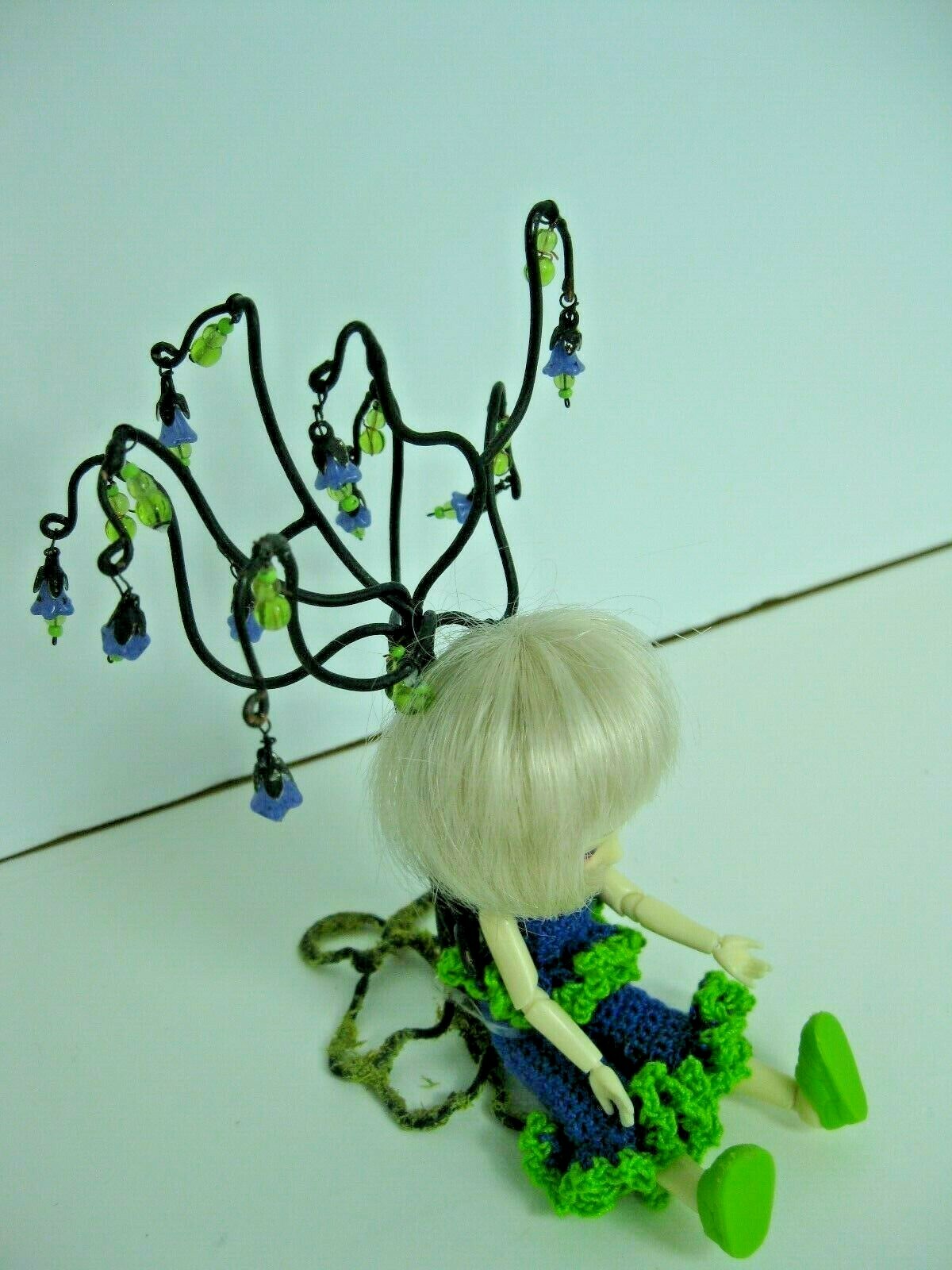 Doll stand for Amelia Thimble beautiful bluebell metal tree with glass beads