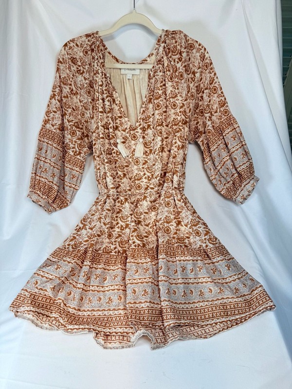 Cleobella Womens Block Print Mini Dress Tassel V-Neck Balloon Sleeve Size Large