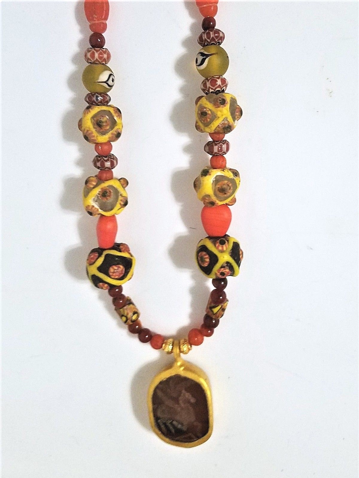 Ancient Near East Phoenician Glass Beads Necklace w Pegasus Intaglio Pendant