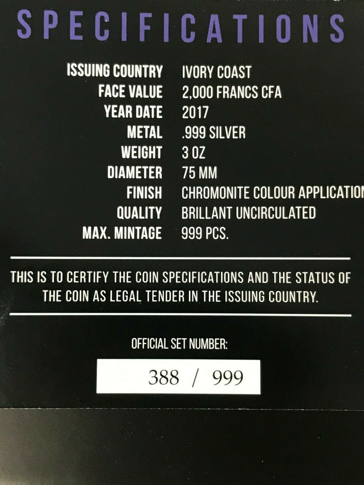 Ivory Coast 2017 2000 francs Nocturnal Owl Night Hunters 3oz BU Silver Coin