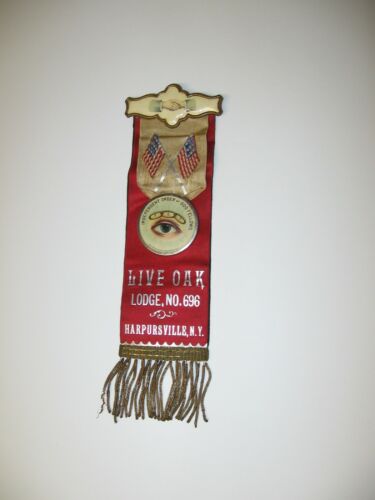 1894 Odd Fellows Badge & Ribbon +Medallion, Harpursville, NY LIVE OAK, LODGE 696