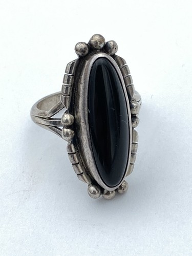 Vintage Silver × Platina Onxy Ball Ring Vintage Sterling Silver Long Oval Black Onyx Ring 5.9 Grams