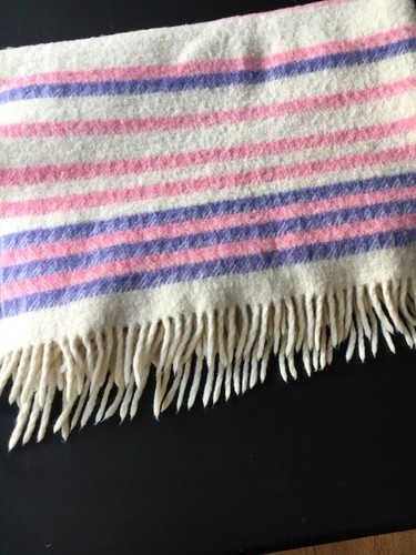 Vintage Eskimo Of Switzerland Wool Blanket Pink Purple Stripe Fringe 62 X 44