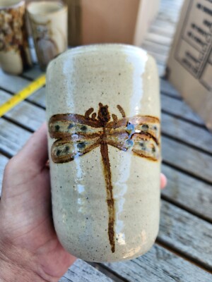 Vintage 6  Vase Or Coffee Mug  Dragonfly Janet Resnik Studio Pottery NC Signed