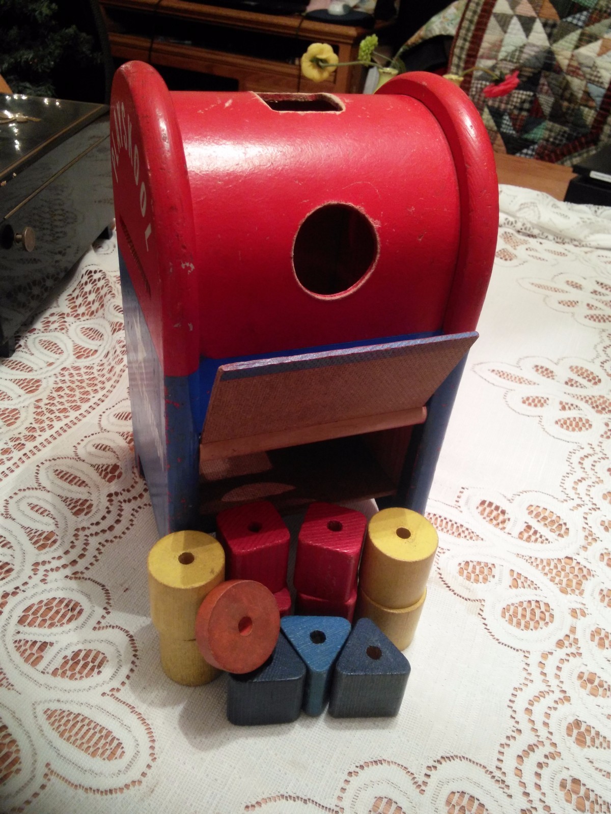 Vintage Playskool POSTAL STATION Wooden Mailbox 1960s? w 12 blocks