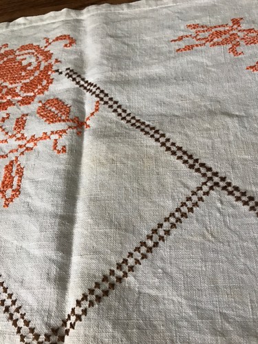 Vintage Cross Stitched Tablecloth 33 X 33