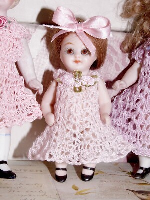Antique Doll Dress for 3'' Miniature Picolette Doll, Pink Dollhouse Doll Dress