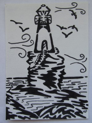 ACEO Original Art, Lighthouse Breeze, Ink Drawing, nautical whimsical ocean