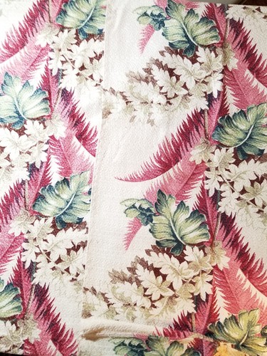 Vintage Tropical Barkcloth Fabric Drapery 2 Panels Remnants Deep Green Fuchia