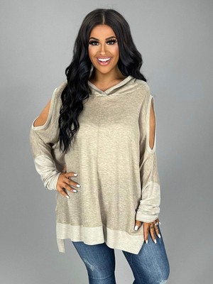 SALE!! OS-G {Follow Your Instincts} Beige Cold -Shoulder Hoodie Top