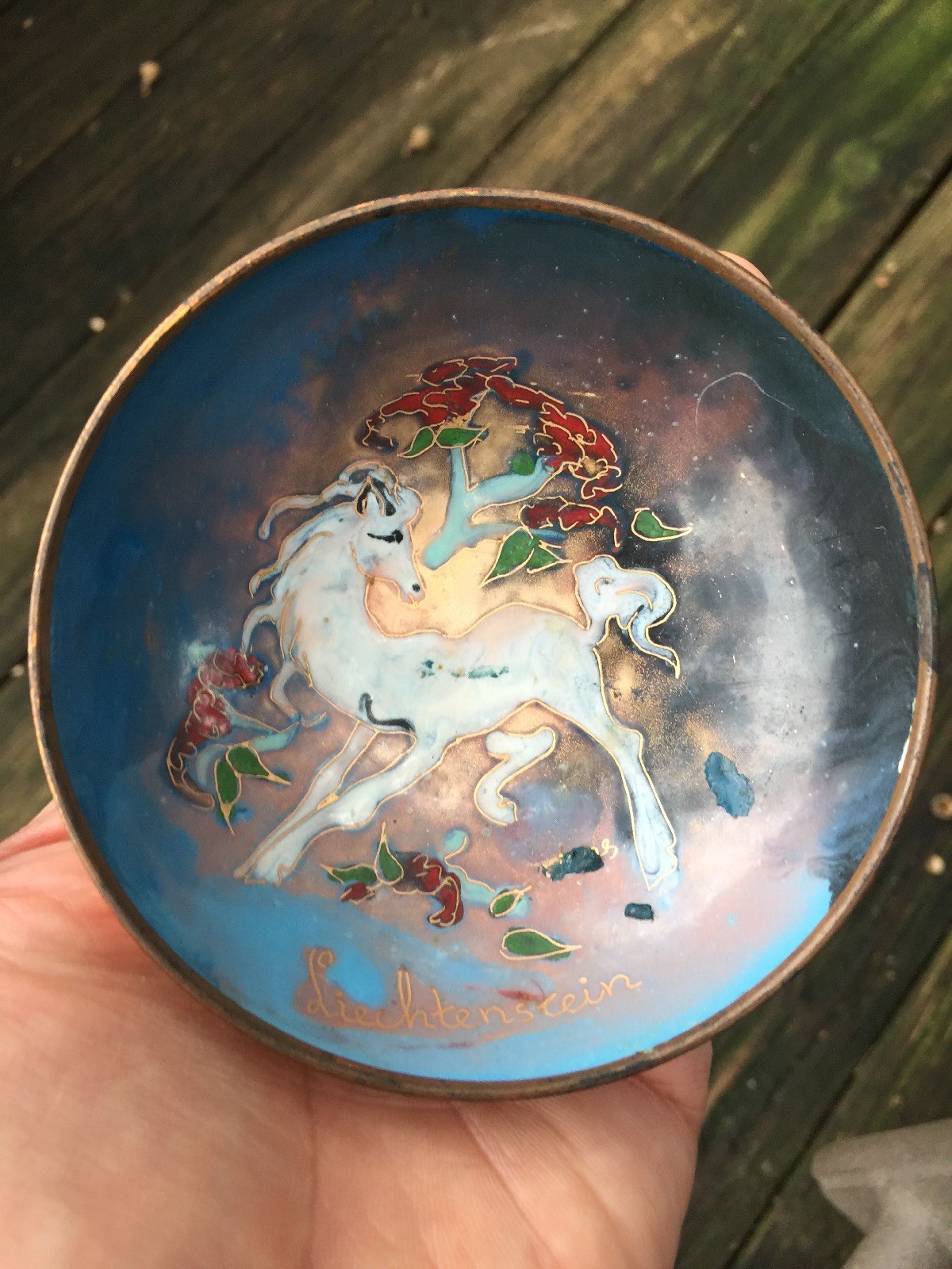 Antique Copper Cloisonne PEGASUS UNICORN Liechtenstein Bowl UNIQUE Estate ??j8
